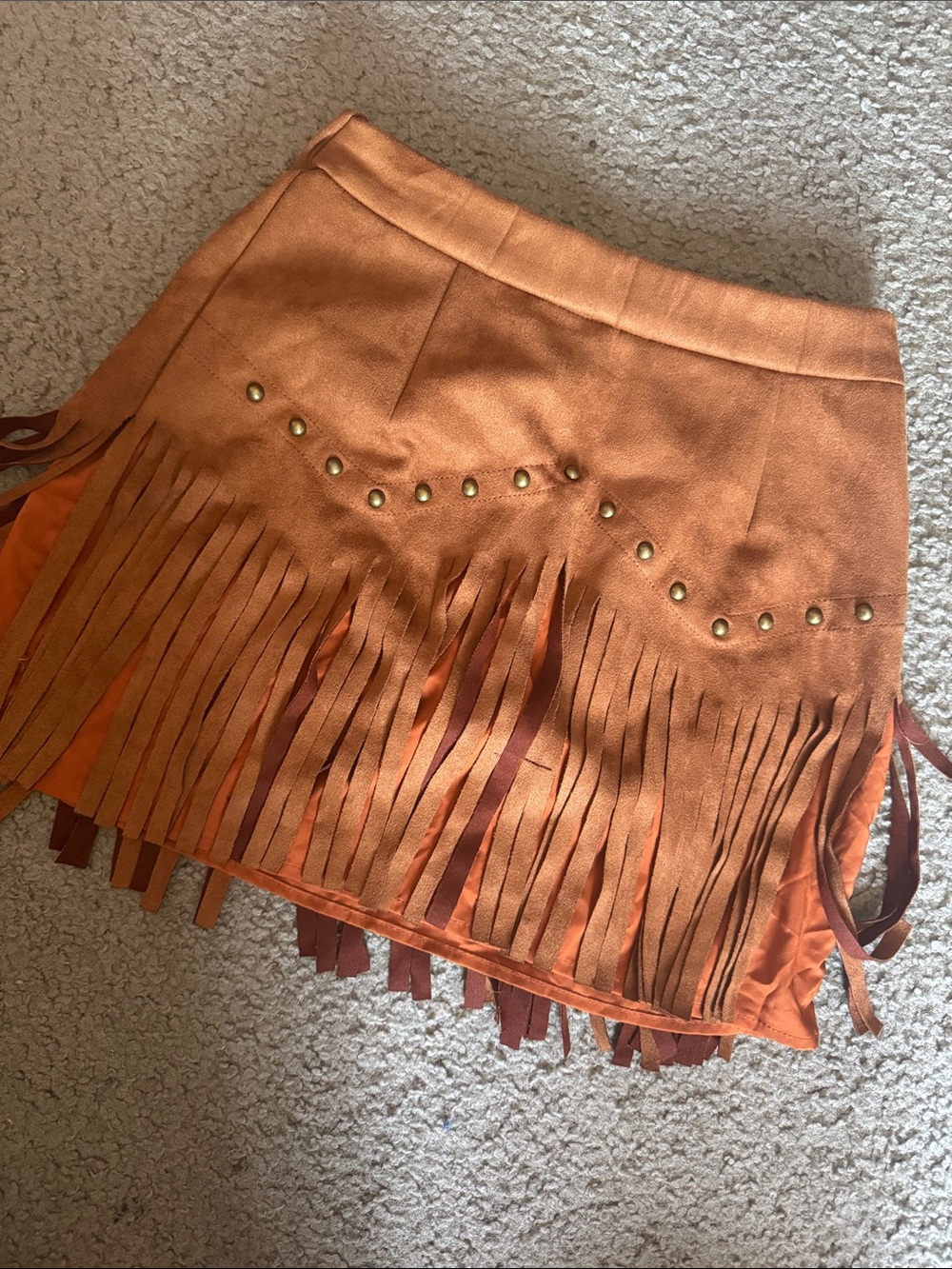SHEIN Orange Fringe Mini Skirt with Stud Detail